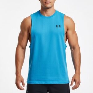 Under Armour Mens Left Chest Cut Off Tank Blue Loose Fit Muscle Tee L